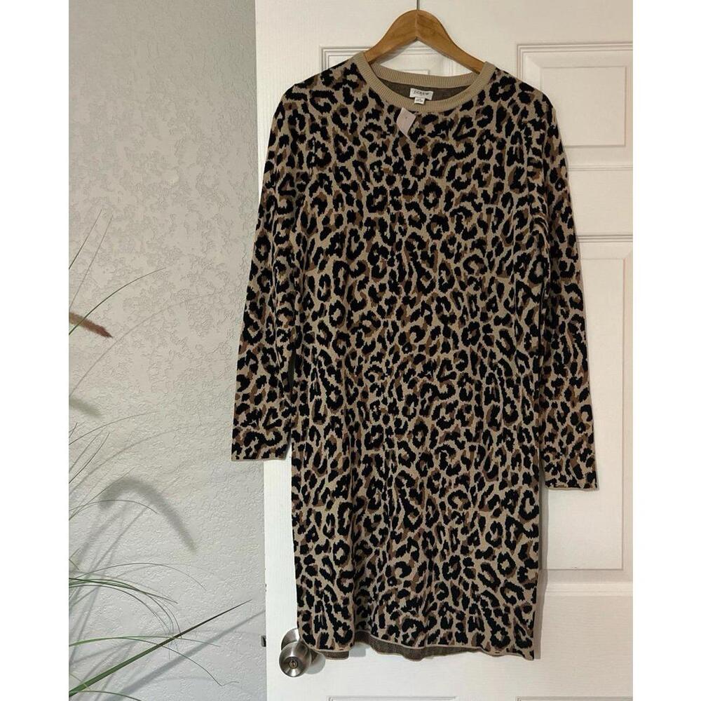 J.CREW Leopard Print Knit Sweater Tan Black Long Sleeve Shift Dress medium